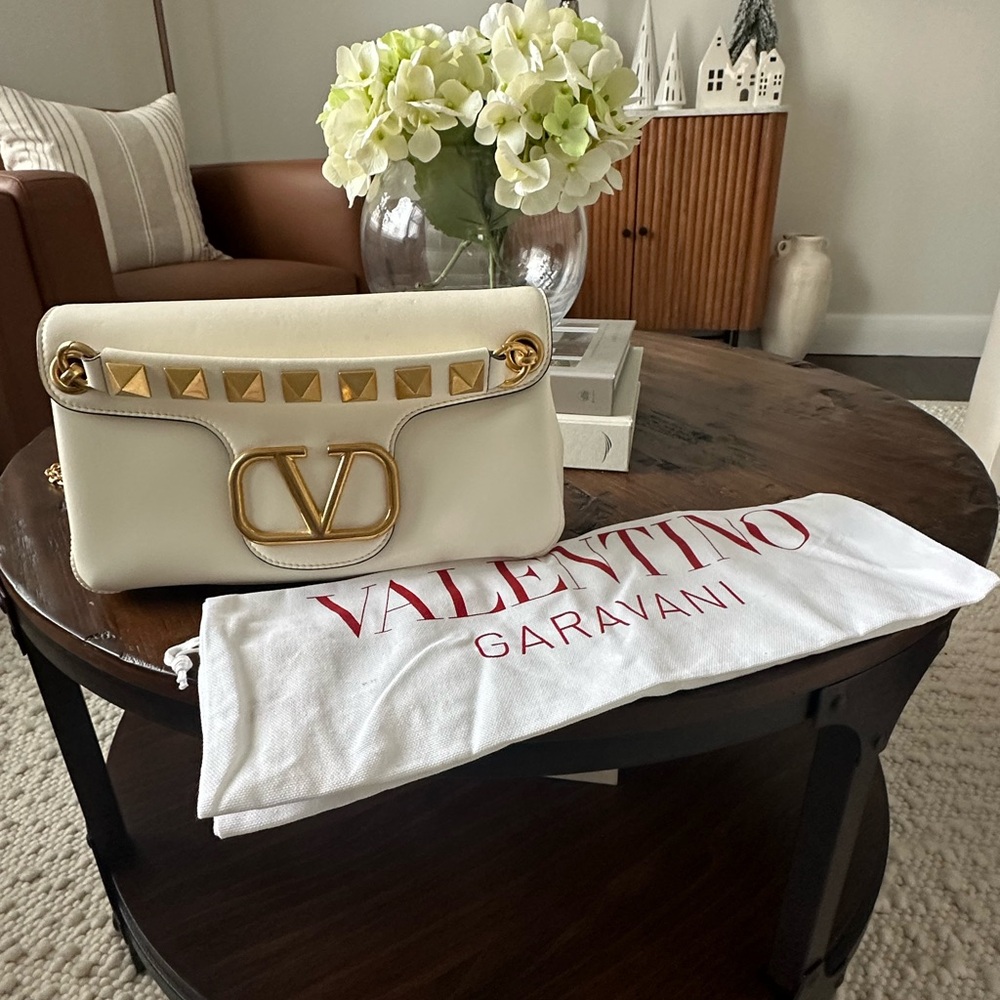 Valentino Garavani Cream Shoulder Bag with Gold Accents